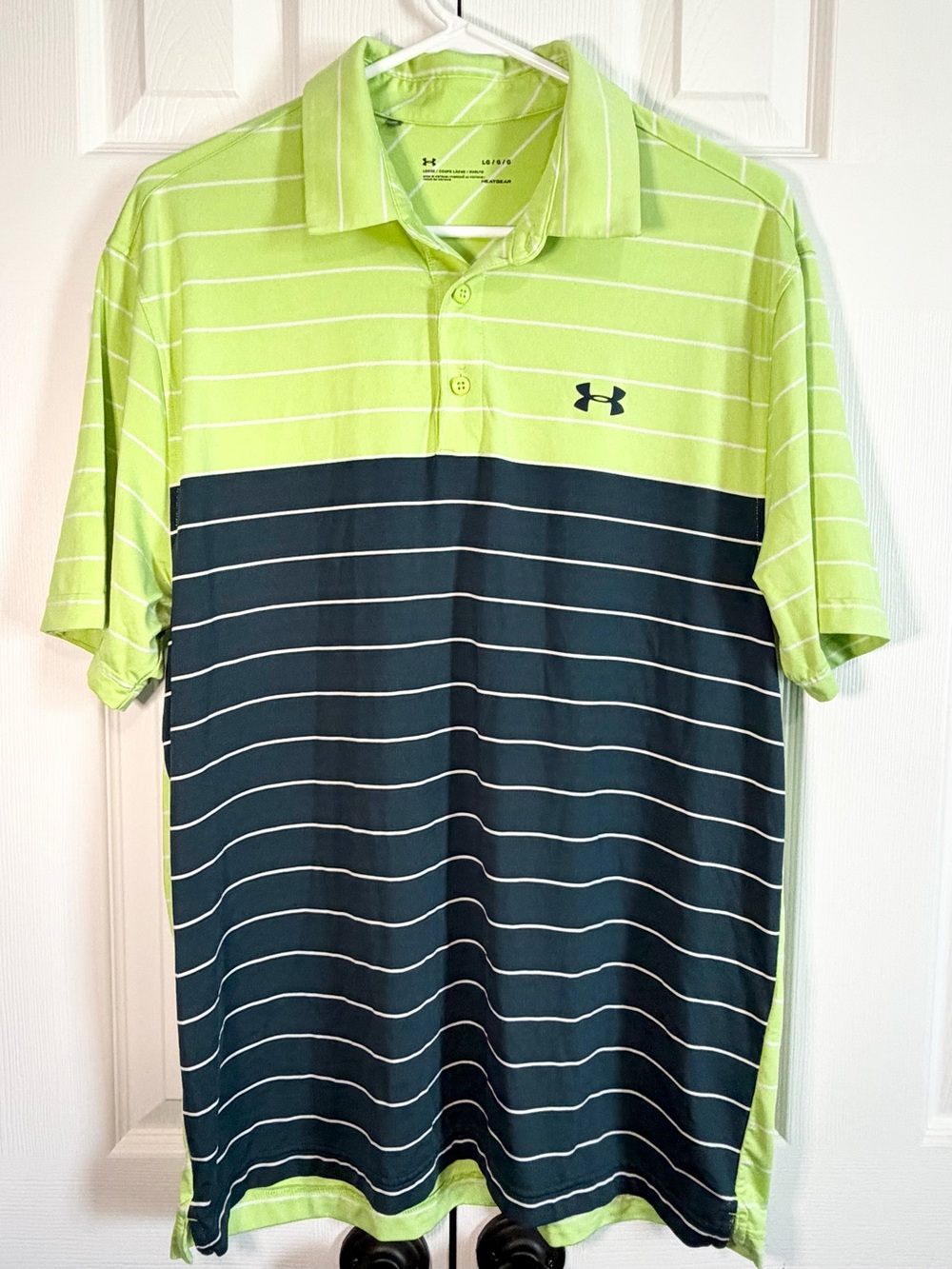 Under Armour Heatgear Green/Blue Striped Short-Sleeve Golf Polo Shirt Mens Large